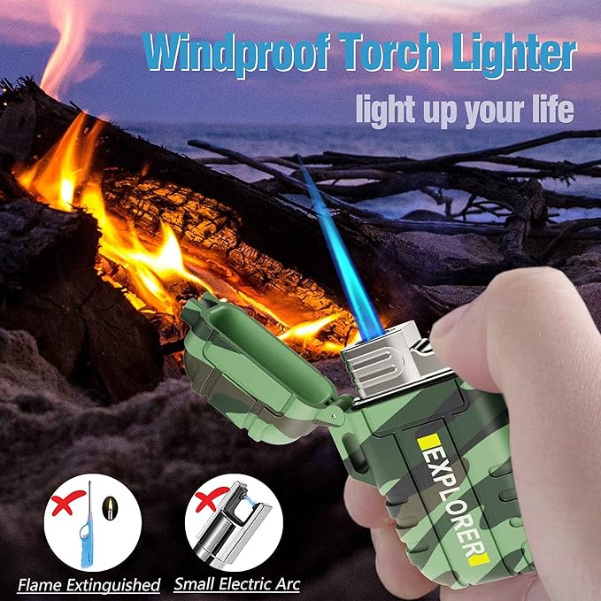 Torch Lighter, 2 Pack Butane Lighter, Windproof Outdoor Gas Lighter Adjustable Jet Flame Lighters