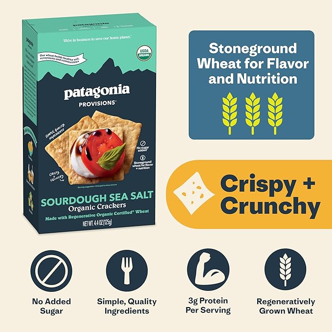 Patagonia Provisions Organic Sourdough Sea Salt Crackers (6 Pack) ??3g Plant Protein Per Serving