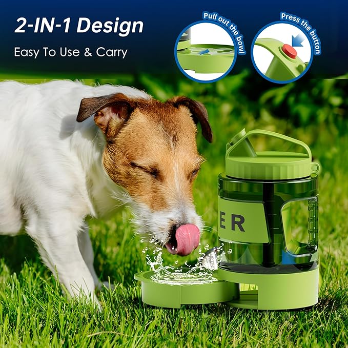 77oz Dog Water Dispenser, Camping Essentials, Large Travel Bottle with Pull-Out Drinking Bowl