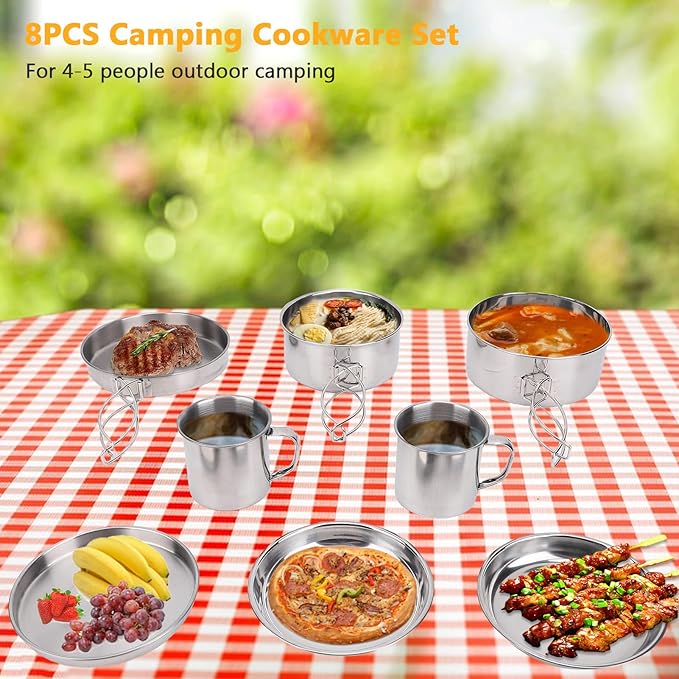 8PCS Stainless Steel Camping Cooking Set Cookware Mess Kit Cook Pots and Pan Set with Plates Cups