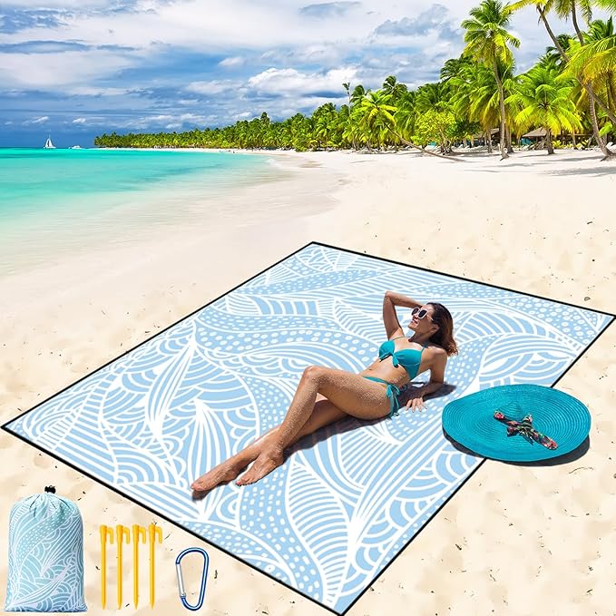 Beach Blanket Waterproof Sandproof Beach Mat 79" X 83"/10'x9'for 2-8 Adults Quick Drying Outdoor