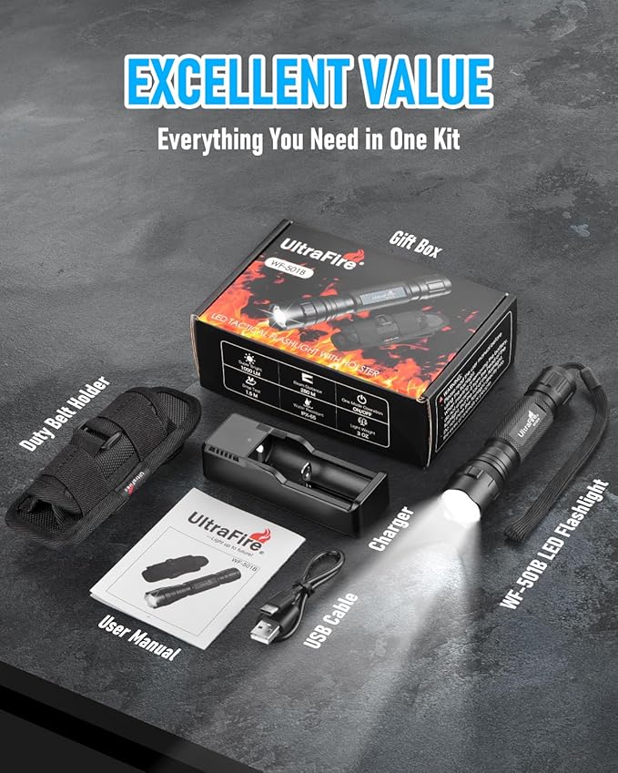 ULTRAFIRE Tactical Flashlight with Holster, Single Mode LED Flashlight 1000 High Lumen Duty