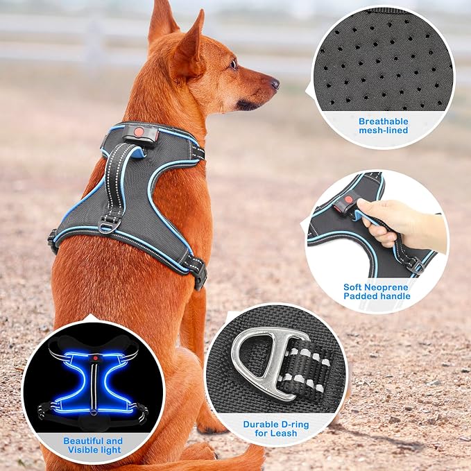 Light Up Dog Harness, No Pull LED Dog Harness with Handle, Rechargeable Lighted Safety Vest for