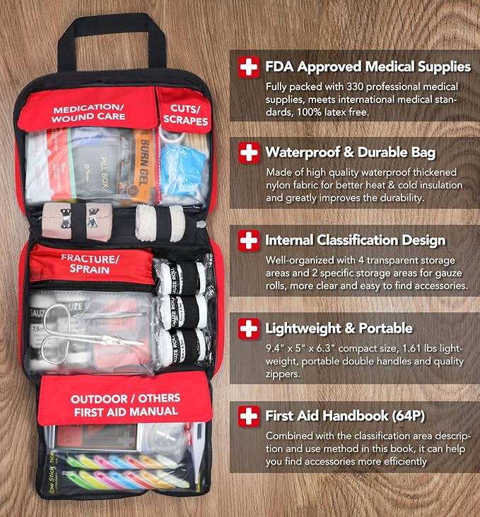 330 Piece First Aid Kit, Premium Waterproof Compact Trauma Medical Kits for Any Emergencies, Ideal