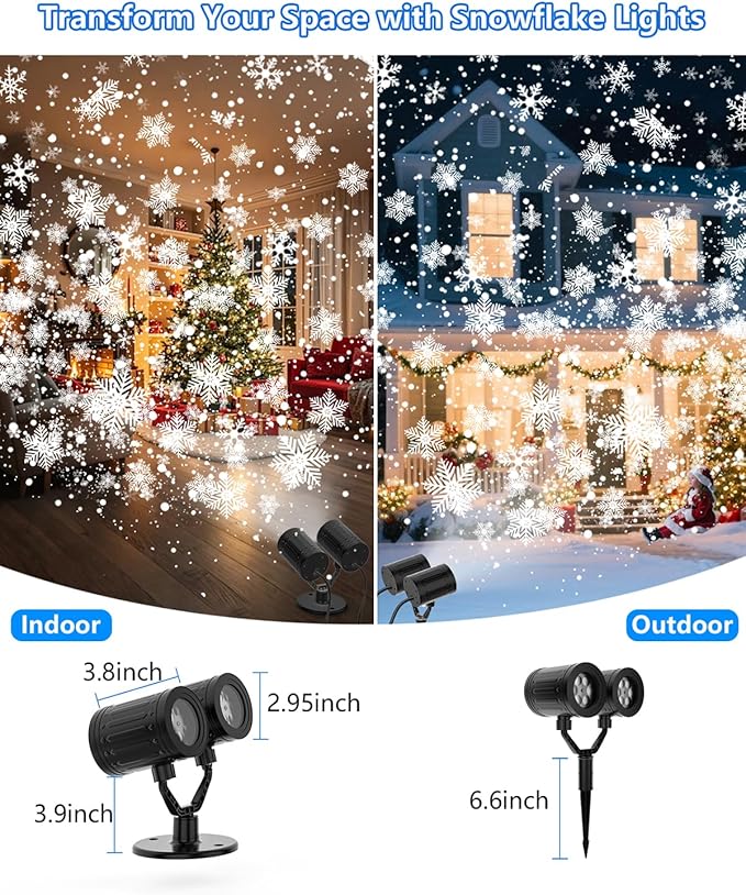 Christmas Snowflake Projector Lights Outdoor, 2025 Upgraded Double Head, 360° Rotating, IP65