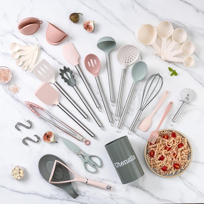 COOK WITH COLOR Silicone Cooking Utensils, Kitchen Utensil Set, Easy to Clean Silicone Kitchen