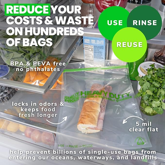 50 PACK, Heavy Duty 5mil Thick REUSABLE Food Freezer STORAGE BAGS by Smelly Proof, Extra X-Large