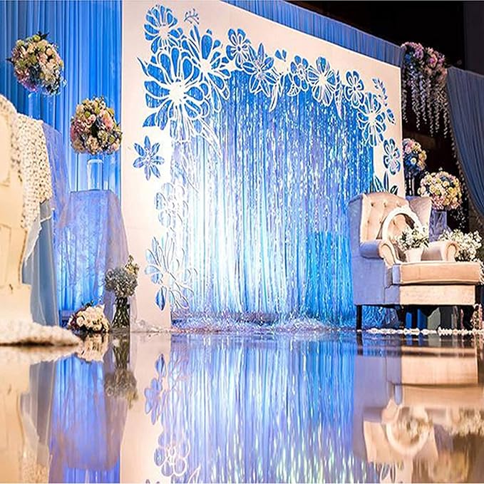 BRAVESHINE Blue Tinsel Foil Fringe Curtains - 2Pcs 3.2x8.2 ft Metallic Holidays Photo Backdrop for