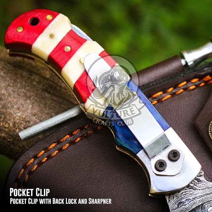 Damascus Steel Pocket Knife with Clip and Leather Sheath - EDC Knife for Outdoor and Camping