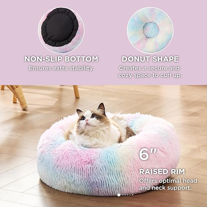 Bedsure Calming Cat Beds for Indoor Cats - Small Washable Round Cat Bed, Anti-Slip Fluffy Plush