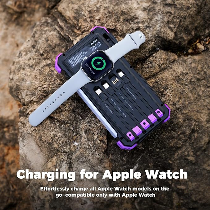 BLAVOR Solar Power Bank 20000mAh/74000mWh Built-in Cables, Wireless Charger for Apple Watch, 20W