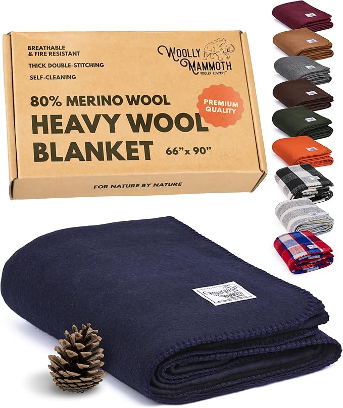 Woolly Mammoth Woolen Company Merino Wool Camping Blanket - 66" x 90", Navy Blue - Compact Design &