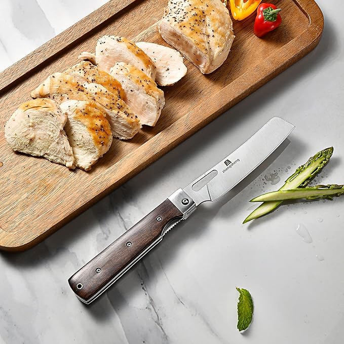Folding Chef Knife with Nylon Pouch 4.8" Sharp 440A Stainless Steel Blade Wooden Handle Pocket