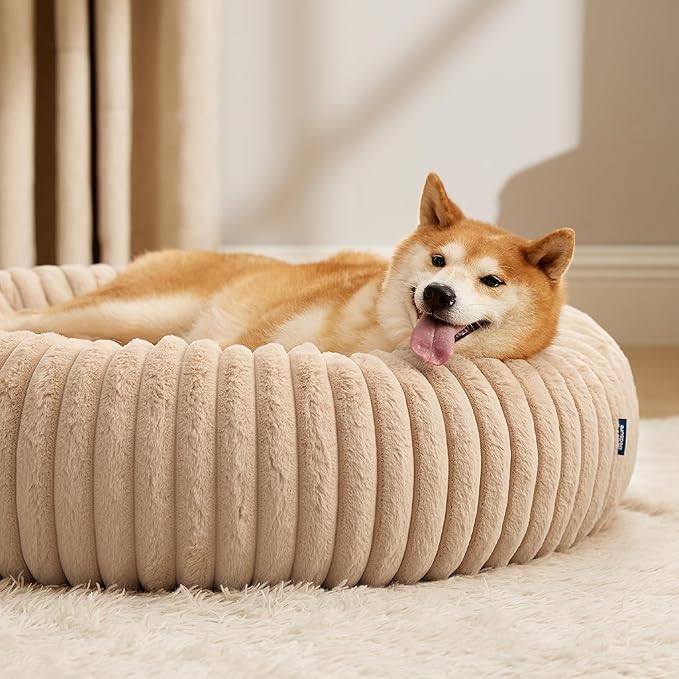 Bedsure Donut Large Dog Bed - Washable Faux Fur with Corduroy Fleece & Anti Slip Bottom, Round Pet