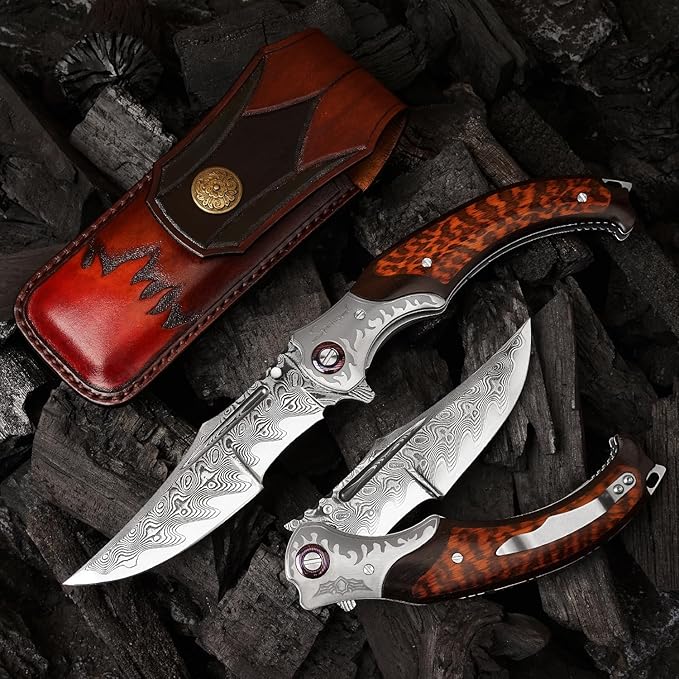 4.6in Damascus steel blade, ebony inlaid with serpentine wood handle with leather pocket folding