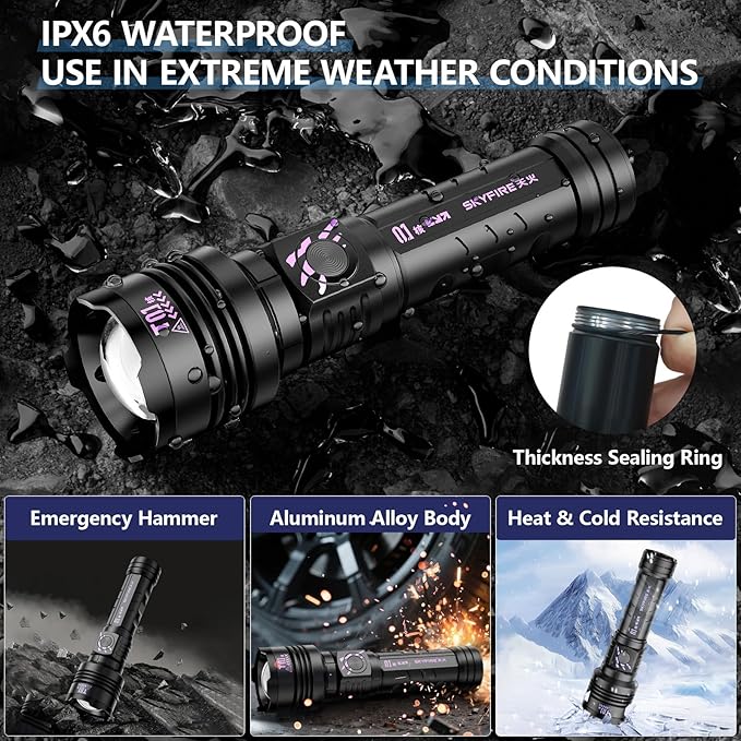 SKYFIRE Rechargeable Flashlights High Lumens: LED Super Bright Flashlight Zoomable with 5 Modes