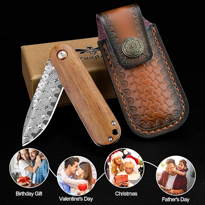 Damascus Pocket Knife, 2.95" Damascus Steel Blade Pocket Knives & Folding Knives, Wooden Handles