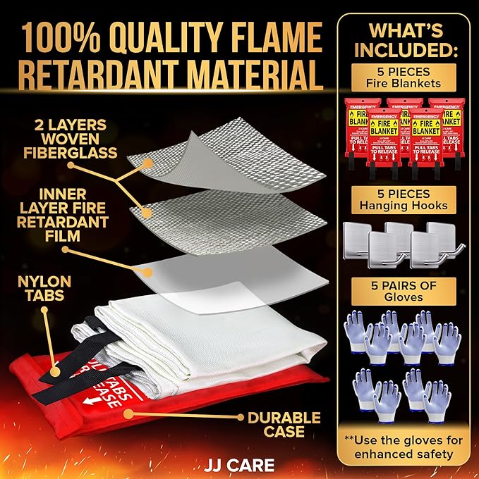 JJ CARE Fire Blanket ??5 Packs with Hooks and Gloves ??Emergency Fire Blanket for Home & Kitchen