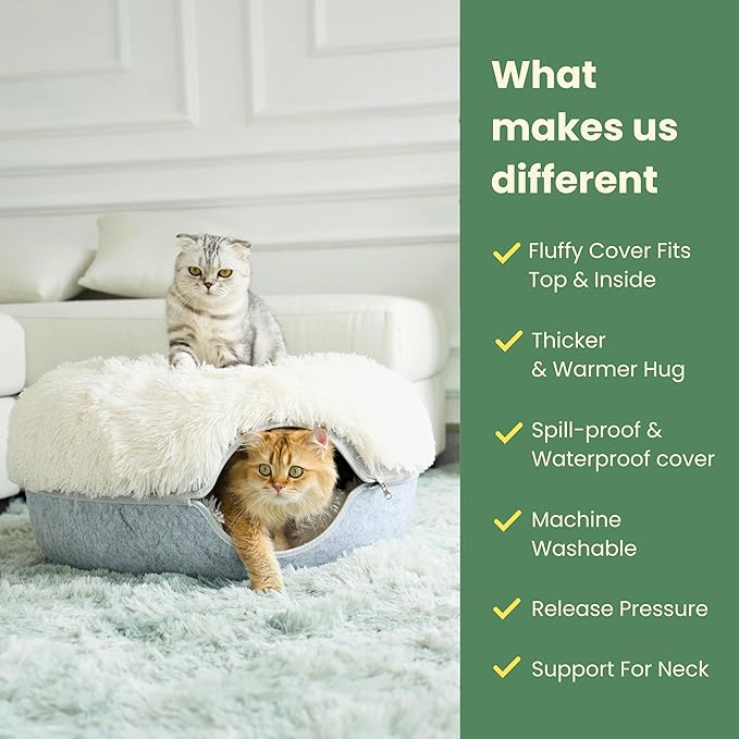 CATTASAURUS Peekaboo Cat Cave for Multiple & Large Cats Up to 30-45 Lbs, Fluffy Cat Beds for Indoor