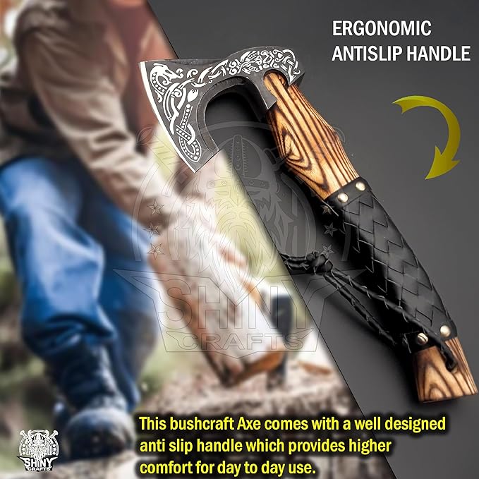 SHINY CRAFTS®- Hand-Forged Viking Axe for Men Leather-Wrapped Handle & Sheath Great for Birthdays