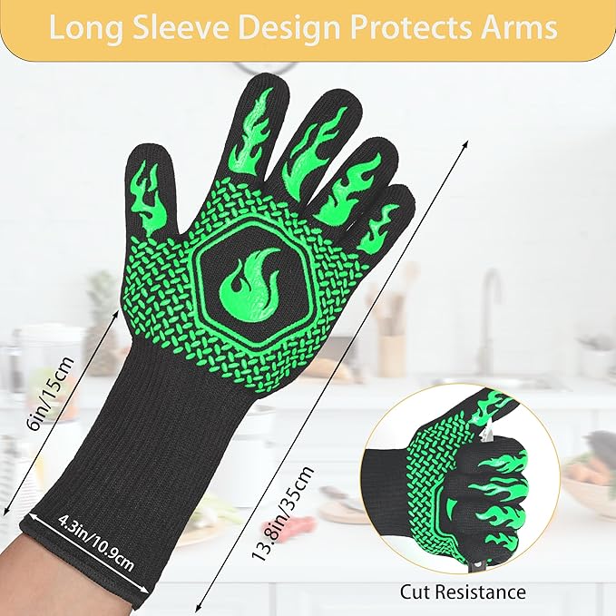 BBQ Fireproof Gloves, Grill Cut-Resistant Gloves 1472°F Heat Resistant Gloves, Non-Slip Silicone