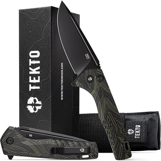 F3 Charlie Button Lock Folding Knife, Oversized Fine Edge Blade, Tactical Damascus G10 Handle
