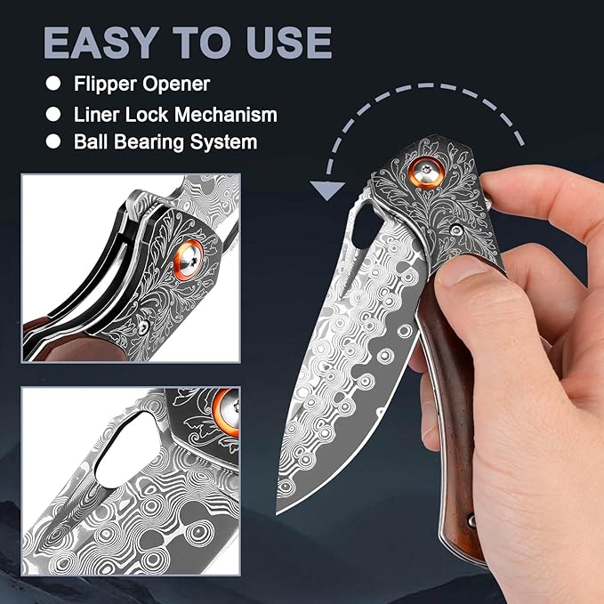 Damascus Pocket Knife with Sheath, 3.35" Damascus Steel Blade Knife with Wooden Handle, EDC Pocket