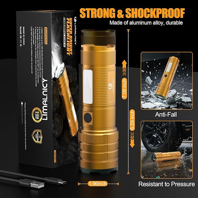 Rechargeable Flashlights High Lumens 10000 Long Lasting, 4 Modes with Side COB Light, Super Bright