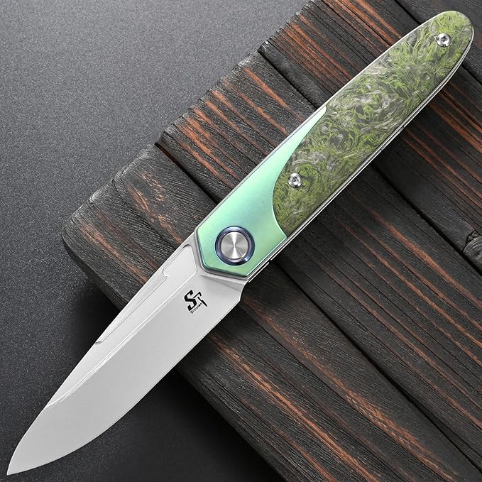 Sitivien ST992 Folding Pocket Knife,Handmade M390 Pearlescent Brushed Steel Blade,Titanium Carbon