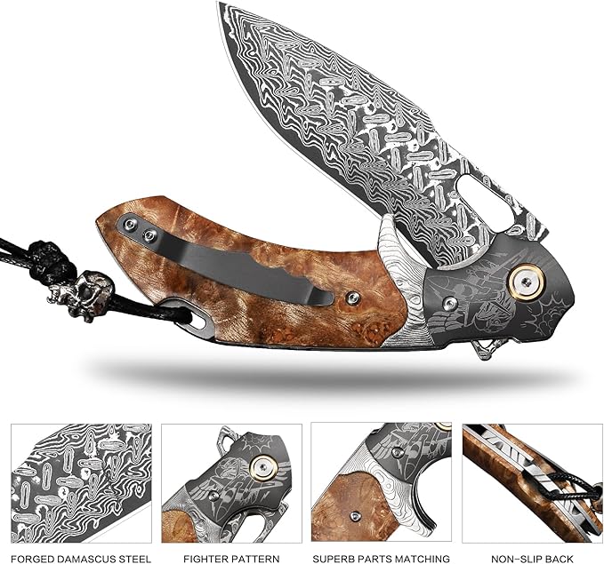 Damascus Steel Folding Pocket Knifeï¼?.6in Men's EDC knife，With leather sheath，pocket clip，Liner