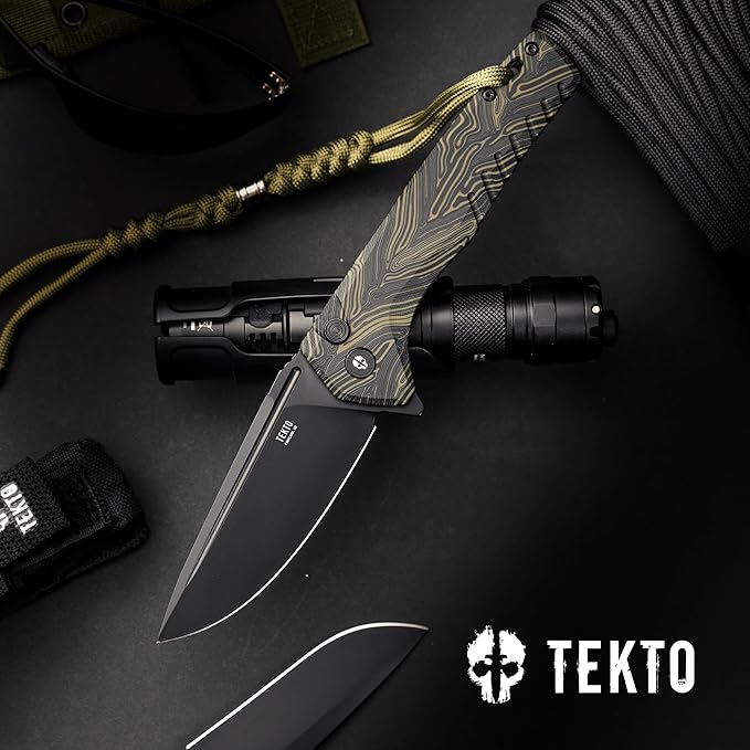 F3 Charlie Button Lock Folding Knife, Oversized Fine Edge Blade, Tactical Damascus G10 Handle