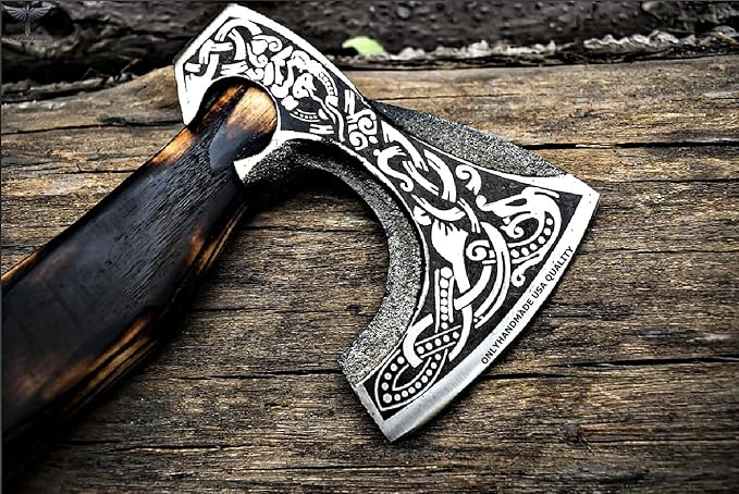 Custom Gift Forged Carbon Steel Viking Axe with Rose Wood Shaft, Viking Bearded Camping Axe &