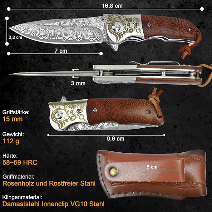 AUBEY Damascus Pocket Knife with Clip, Folding Knives with VG10 Damascus Steel Blade, Wooden