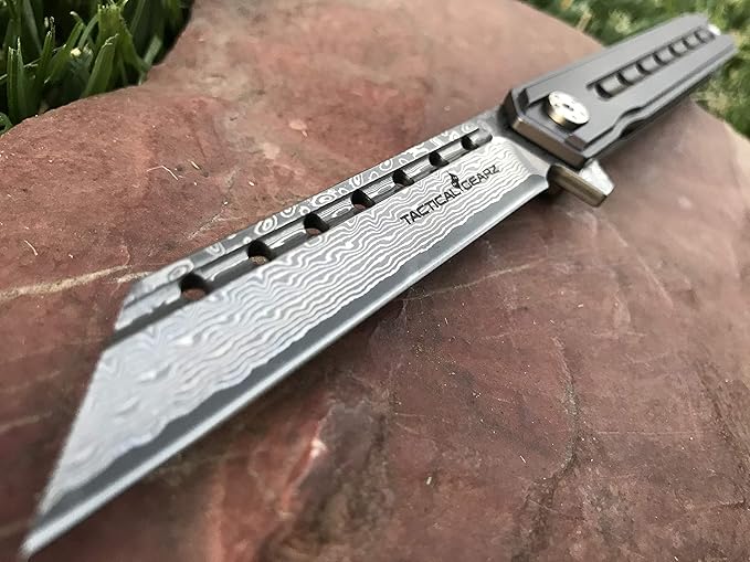 TACTICAL GEARZ Damascus Pocket Knife for EDC, Solid Titanium Handle, 67 Multi-Layered Damascus