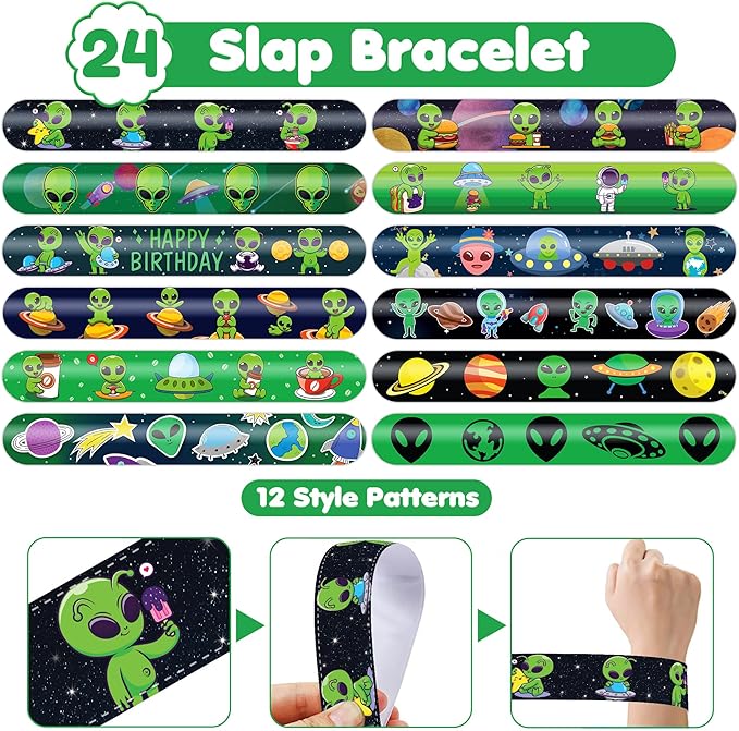 72 PCS Alien Party Favors 48 Tattoos Sticker and 24 Slap Bracelets Wristbands Perfect for Space