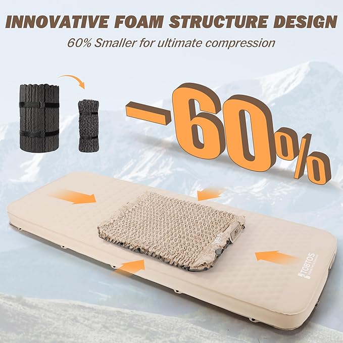 TOBTOS 4" Thick Self Inflating Sleeping Pad with Electric Pump, Ultra-Compressible Foam Air Camping