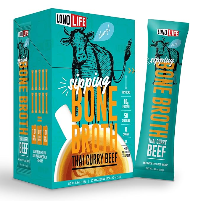 LonoLife Thai Curry Beef Bone Broth Powder Mix | Grass-Fed, 10g Protein | Collagen-Rich, Keto &