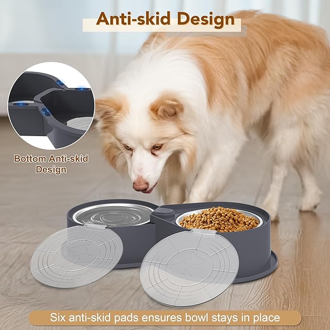 Stainless Steel Dog Bowl Set with Lids, 304 Metal Dual Food & Water Bowls for Dogs & Cats, Foldable