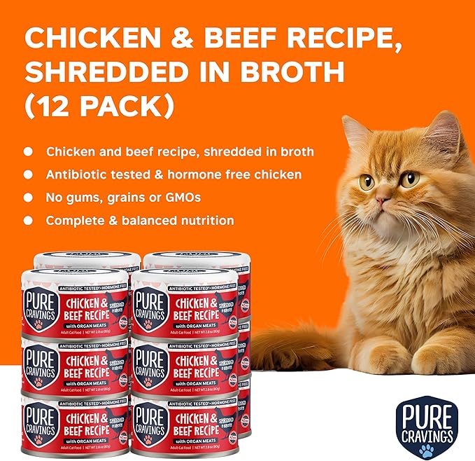 Pure Cravings Chicken and Beef Recipe in Broth, Shredded Wet Cat Food, Grain-Free Protein, Non-GMO
