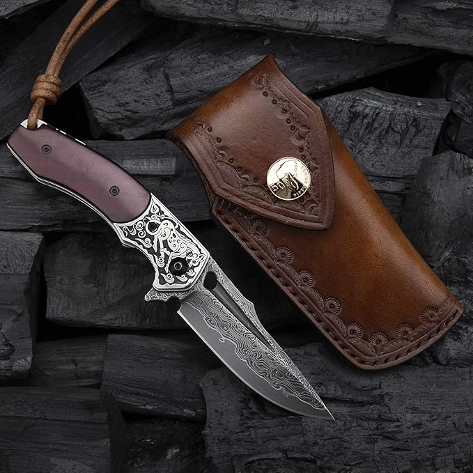 Handmade japanese vg10 damascus steel pocket knife,rosewood handle,sheath,liner lock,folding knives