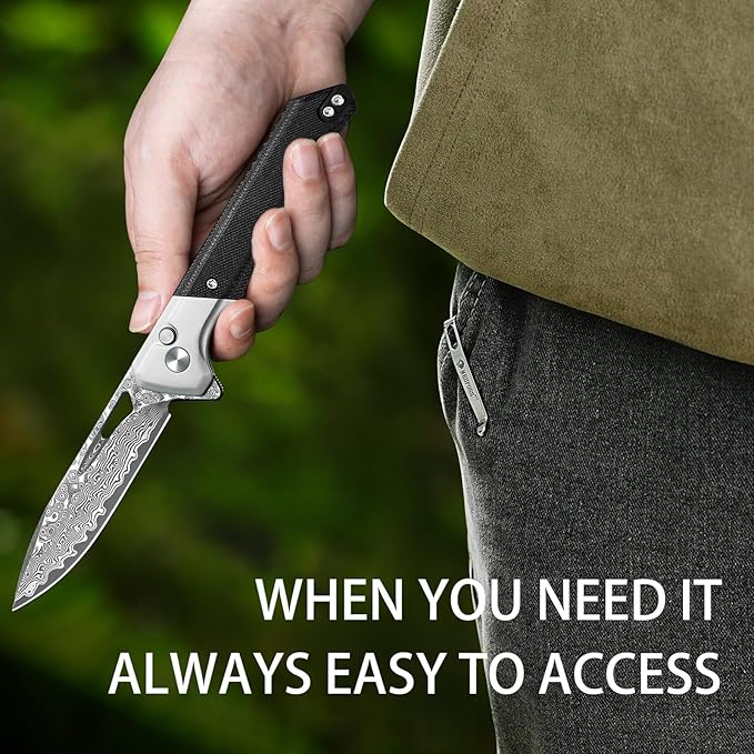 NedFoss ELF Damascus Pocket Knife for Men, 3.3" Button Lock EDC Folding Knife with G10 Handle