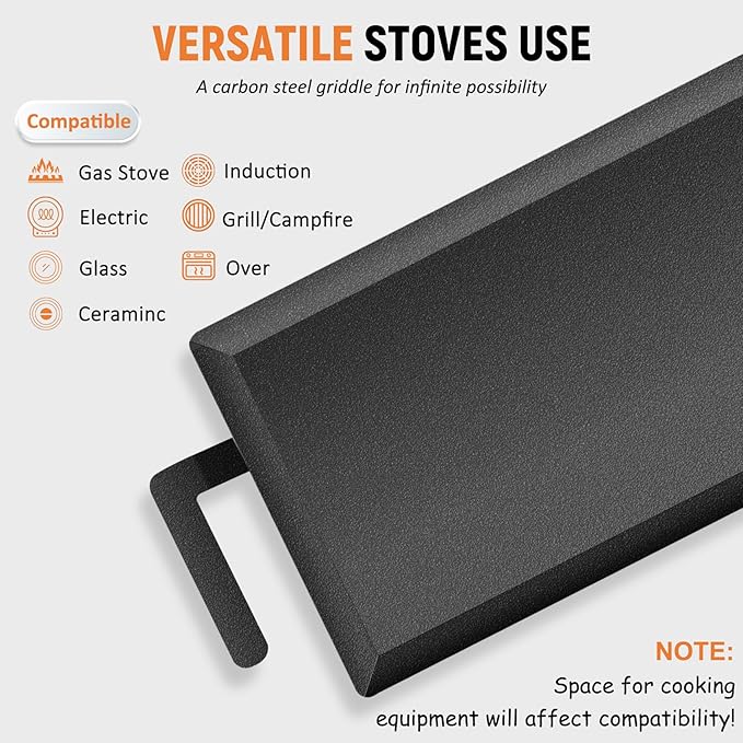 Universal Large Carbon Steel Griddle for Outdoor Gas Grill, Induction, Gas/Electric Stove, and
