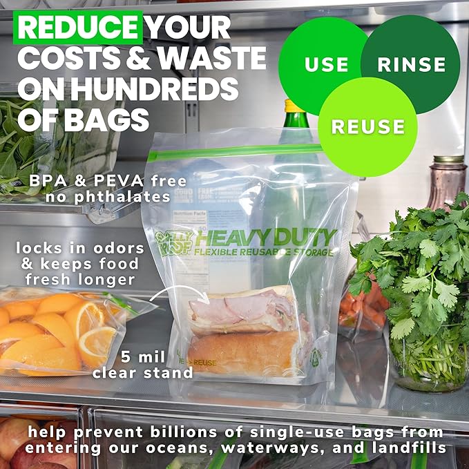 HEAVY DUTY Reusable STAND-UP Bags for Food Storage by Smelly Proof, USA Made, NO PEVA & BPA FREE