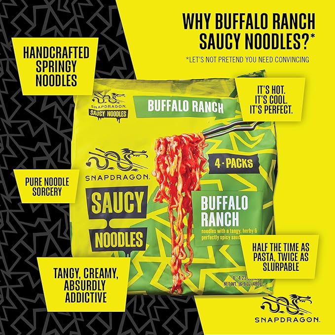 Snapdragon Saucy Instant Noodles with Spicy Buffalo Ranch Slurpable Sauce - Quick Meal, Snack, and