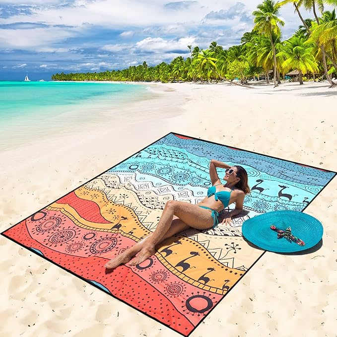 Beach Blanket Waterproof Sandproof Beach Mat 79" X 83"/10'x9'for 2-8 Adults Quick Drying Outdoor