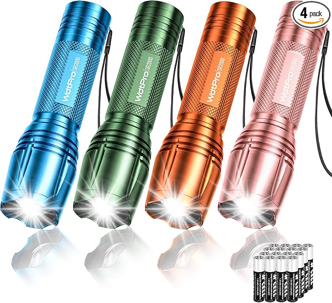 WdtPro LED Flashlight High Lumens SR2000 Pro, 4 Pack Brighter Tactical Flashlights with 5 Modes &