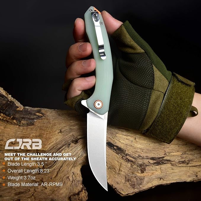 CJRB Small Folding Pocket Knife with Stonewash AR-RPM9 Powder Steel Blade and G10 Handle Tactical