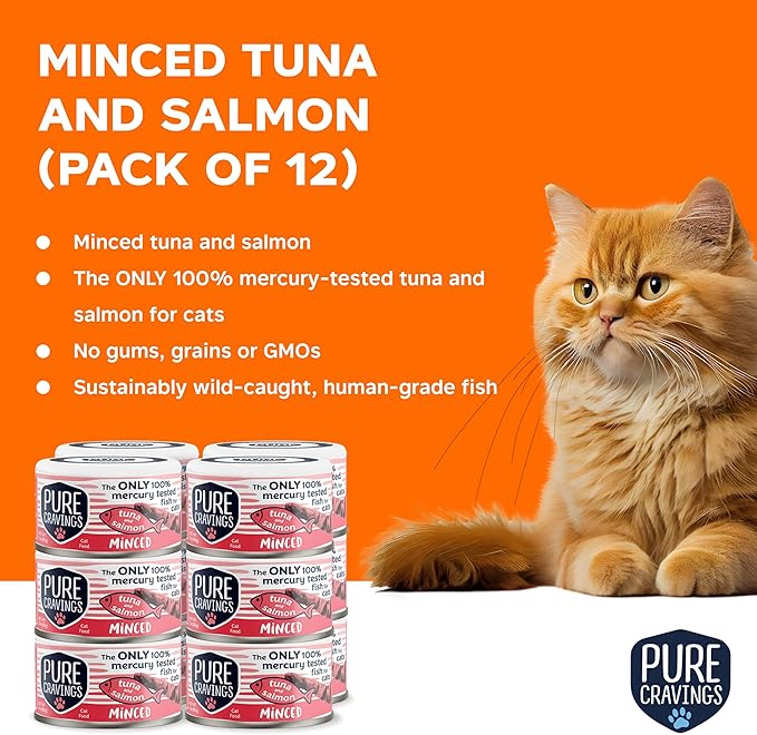 Pure Cravings Minced Tuna and Salmon Wet Canned Cat Food, 100% Mercury-Tested, Moist Can Fish for