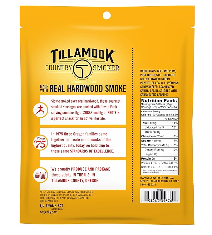 Tillamook Country Smoker Smoked Sausages, Original, Zero Sugar, Gluten Free, 4 Ounce (Pack of 12)