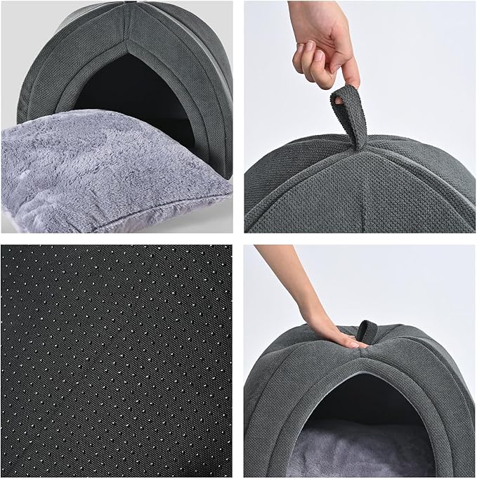 Amazon Basics Cat Cave Bed, 2-in-1 Foldable House for Indoor Cats, with Washable Cushion and